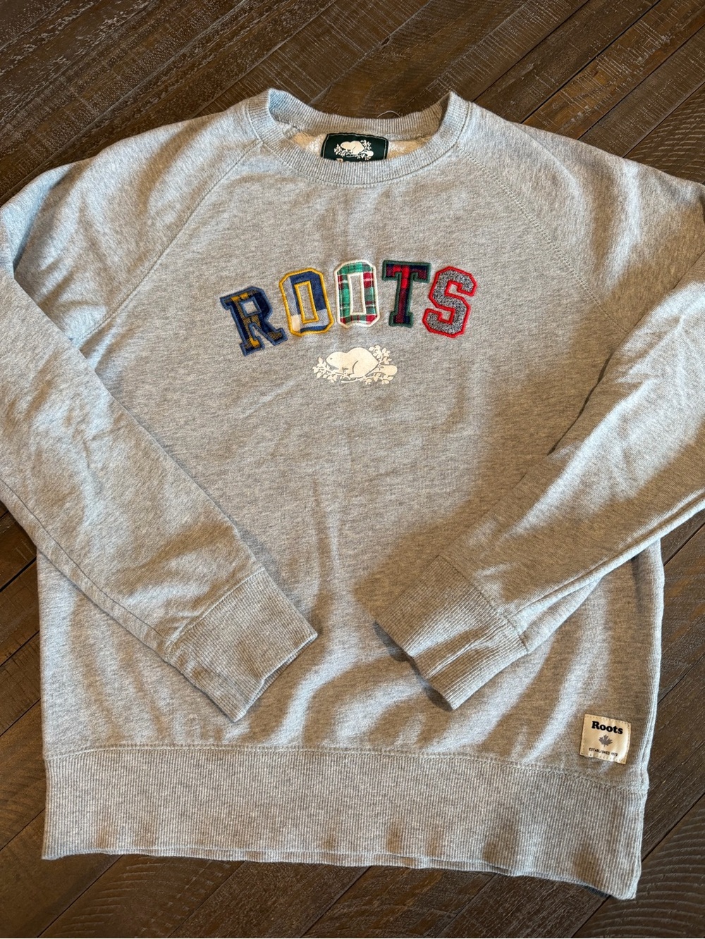 Roots Grey Crewneck Sweatshirt with Multicolor Lettering